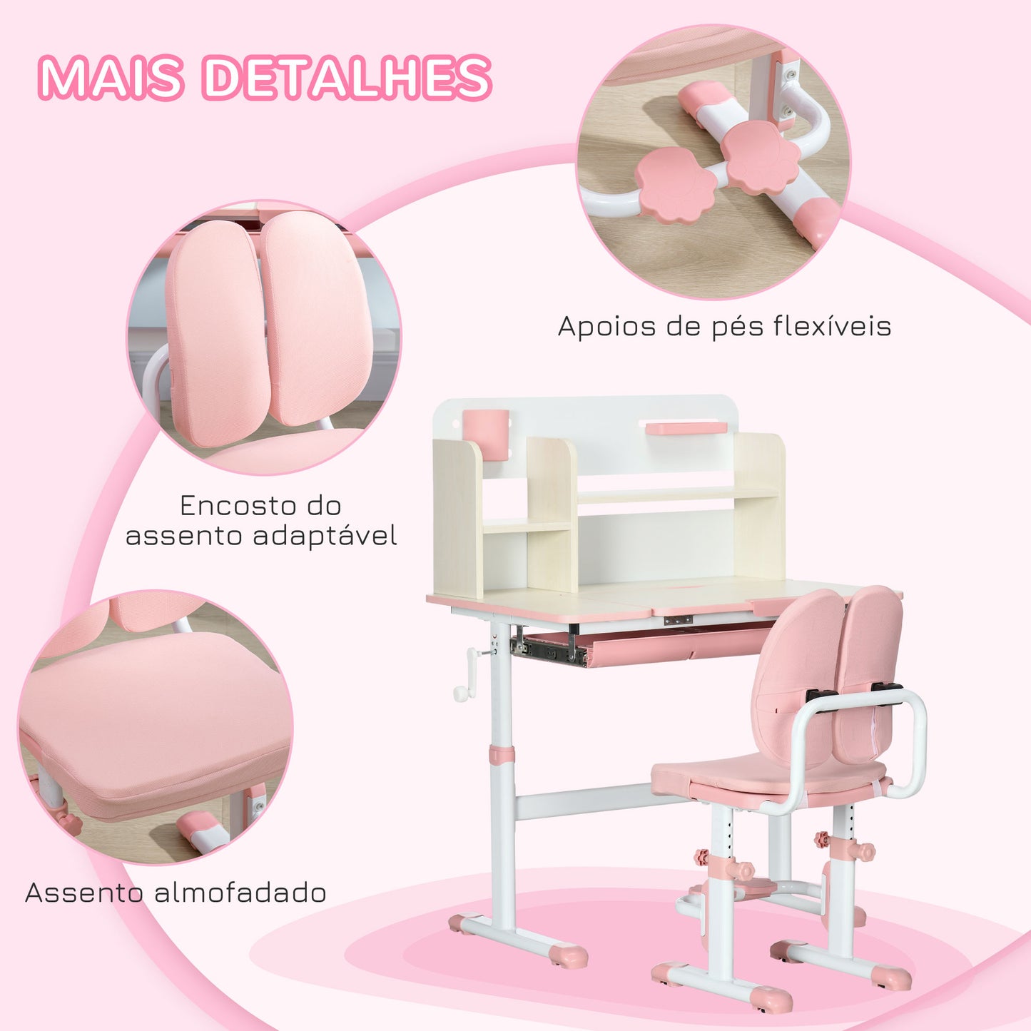 HOMCOM Conjunto de Secretária e Cadeira para Crianças acima de 3 Anos com Altura Ajustável Gaveta Prateleiras e Bancada Inclinável 80x52x88-109 cm Rosa e Branco