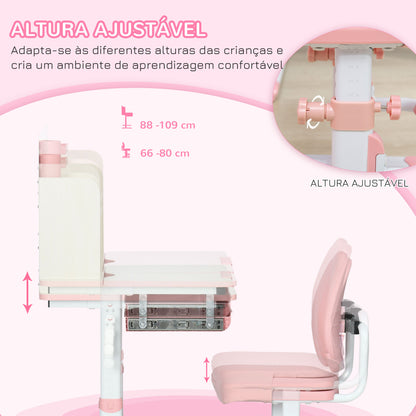 HOMCOM Conjunto de Secretária e Cadeira para Crianças acima de 3 Anos com Altura Ajustável Gaveta Prateleiras e Bancada Inclinável 80x52x88-109 cm Rosa e Branco