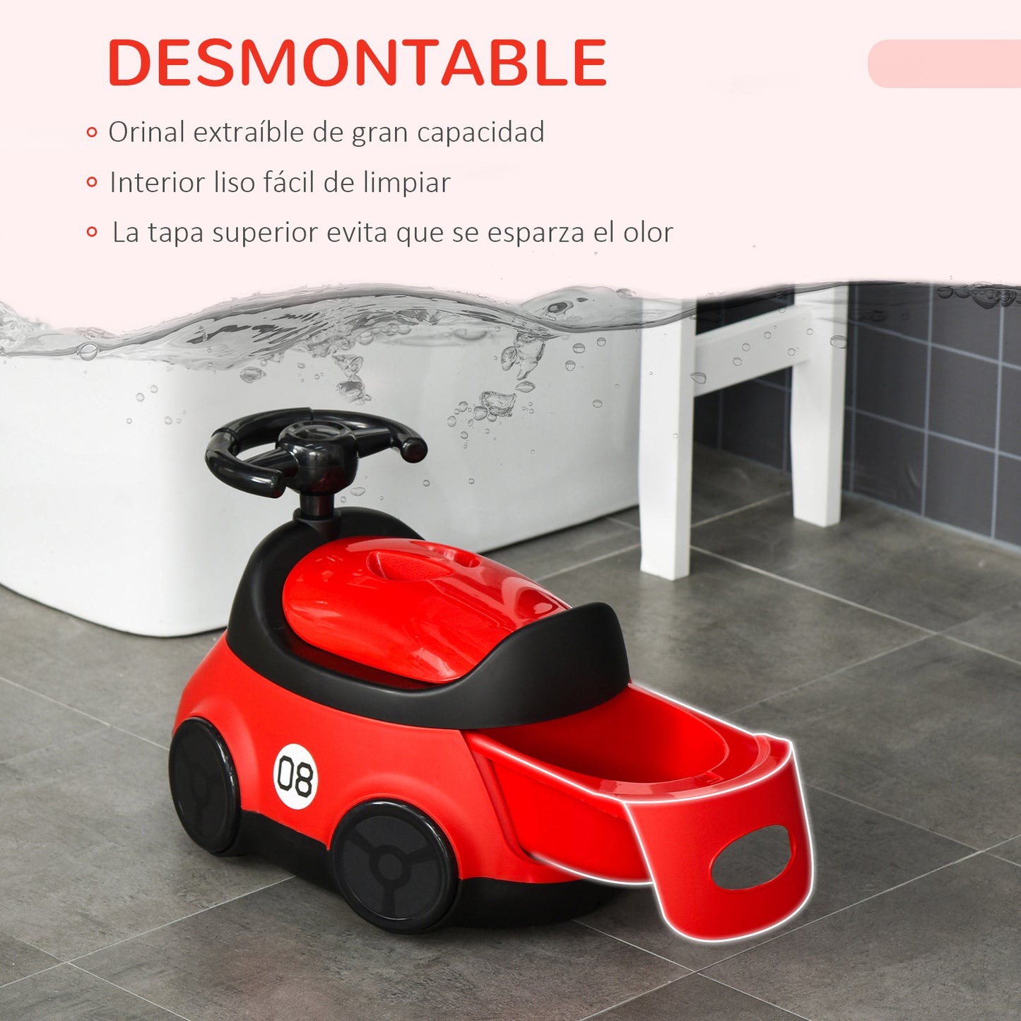 HOMCOM Bacio para Bebé de 6-36 Meses Bacio de Aprendizagem Treinamento Portátil em Forma de Carro com Tampa Volante Fácil de Limpar Carga 50kg 40x27,5x29,1cm Vermelho