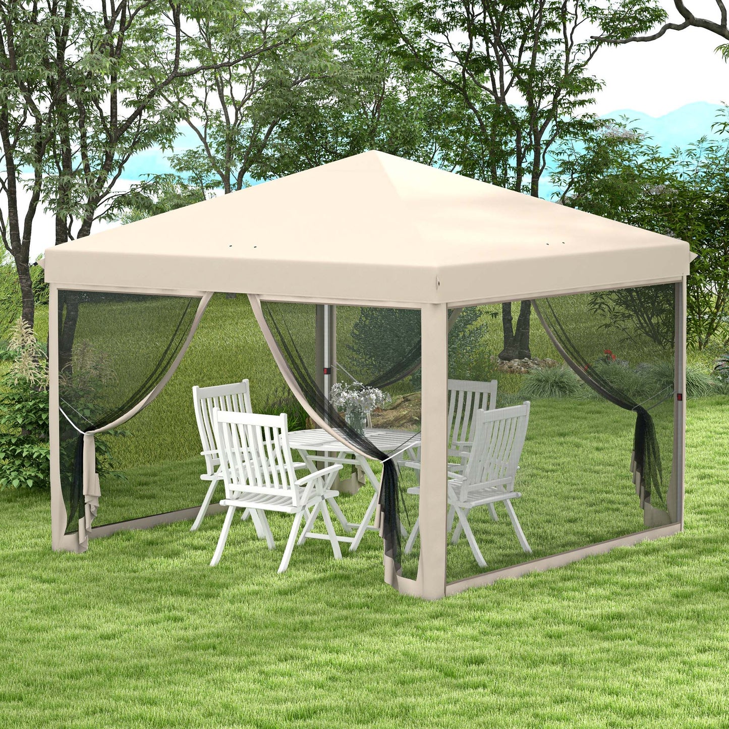 Outsunny Tenda Dobrável 3x3 para Exterior Tenda Portátil de Jardim com Mosquiteiras Bolsa de Transporte Estrutura de Aço e Tecido Oxford Resistente para Festas Campismo Bege