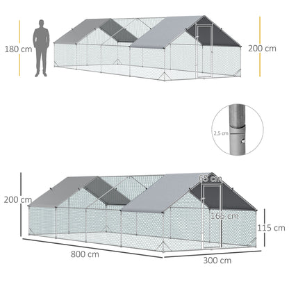 PawHut Galinheiro de Exterior Grande 3x8x2m Gaiola para 16-24 Galinhas de Aço Galvanizado com Teto de PE e Fechadura para Coelhos Prata