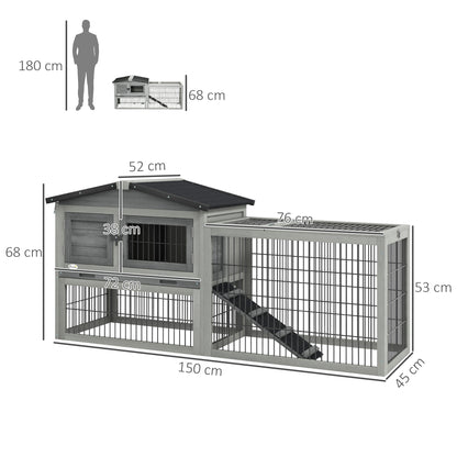 PawHut Coelheira Exterior de Madeira 150x52x68 cm Gaiola para 1-2 Coelhos com Teto Asfáltico Abatível Bandeja Amovível e Rampa Cinza