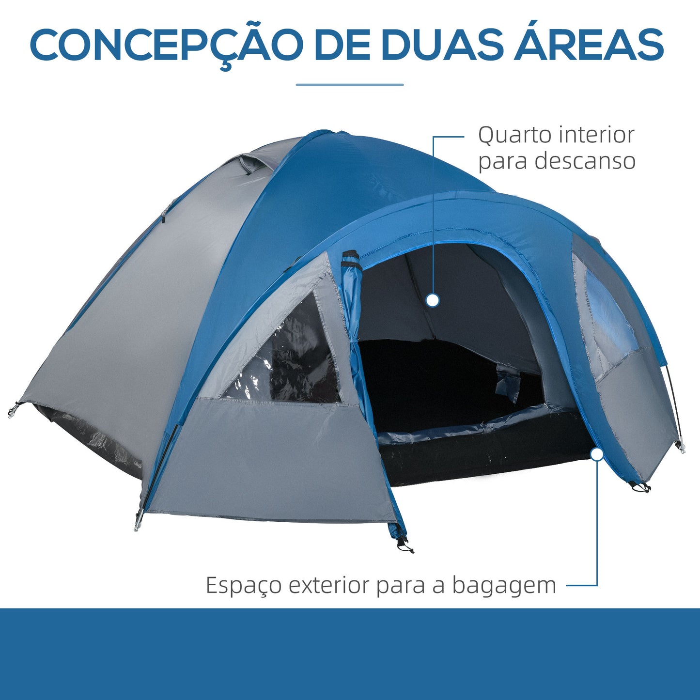 Outsunny Tenda de Campismo para 4 Pessoas Tenda de Campismo com Janelas 2 Bolsos e Bolsa de Transporte 300x250x130 cm Cinza e Azul