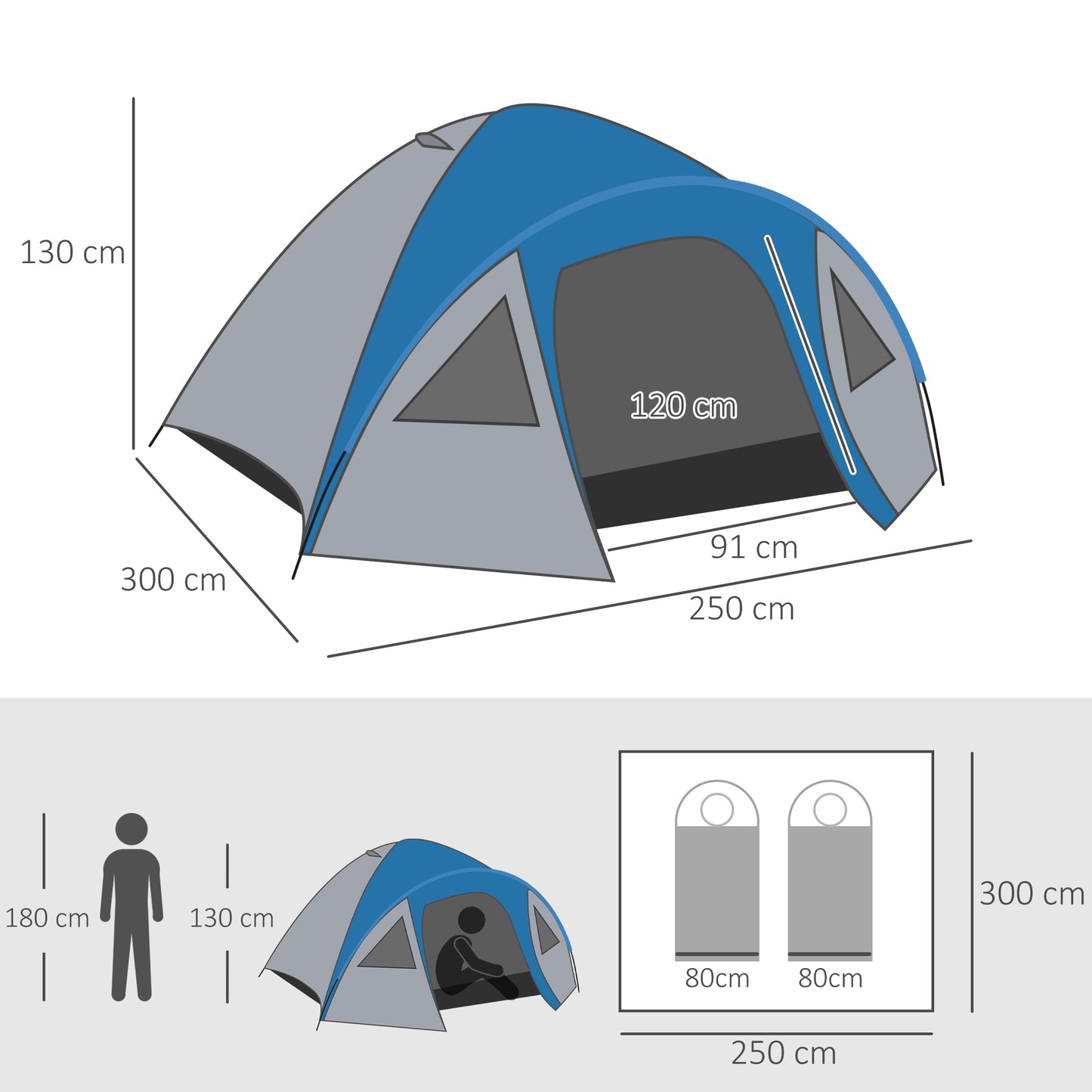 Outsunny Tenda de Campismo para 4 Pessoas Tenda de Campismo com Janelas 2 Bolsos e Bolsa de Transporte 300x250x130 cm Cinza e Azul