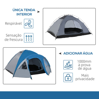 Outsunny Tenda de Campismo para 4 Pessoas Tenda de Campismo com Janelas 2 Bolsos e Bolsa de Transporte 300x250x130 cm Cinza e Azul