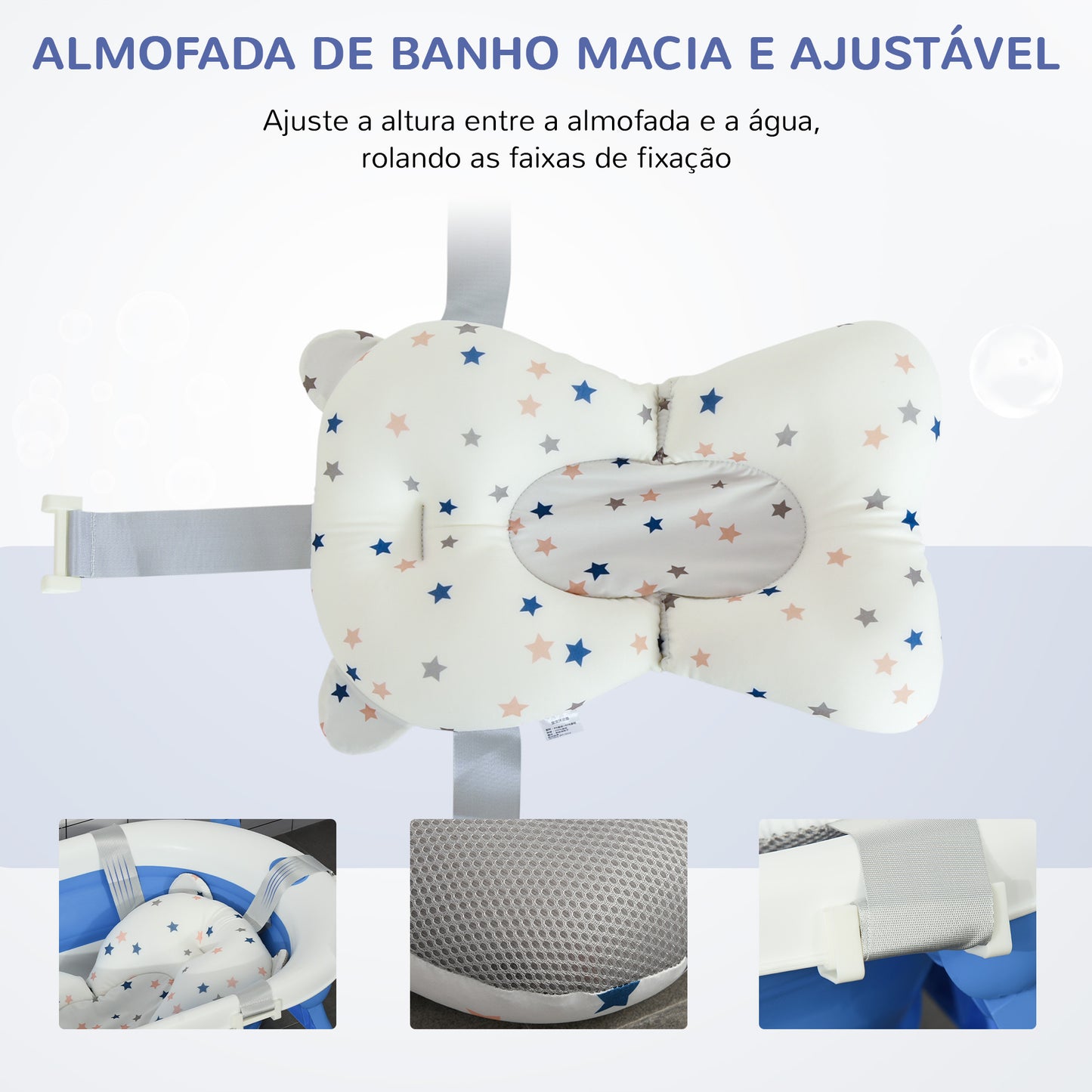 HOMCOM Banheira para Bebé Recém Nascido até 3 Anos Dobrável 30 Litros com Tampa Termossensível e Almofada Confortável Almofadas Antiderrapantes 81,5x50,5x23,5cm Azul e Branco