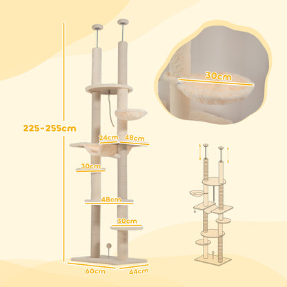 PawHut Arranhador para Gatos do Chão ao Teto 225-255 cm Arranhador para Gatos com 7 Níveis Rede Plataformas Postes de Arranhar Bola Suspensa Bege e Cinza