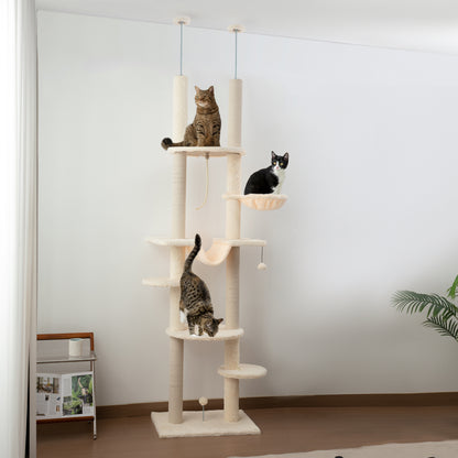 PawHut Arranhador para Gatos do Chão ao Teto 225-255 cm Arranhador para Gatos com 7 Níveis Rede Plataformas Postes de Arranhar Bola Suspensa Bege e Cinza