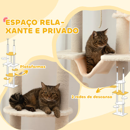 PawHut Arranhador para Gatos do Chão ao Teto 225-255 cm Arranhador para Gatos com 7 Níveis Rede Plataformas Postes de Arranhar Bola Suspensa Bege e Cinza