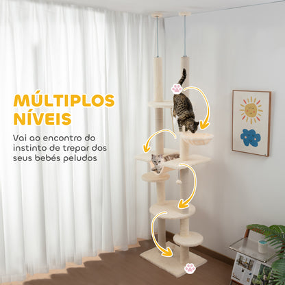 PawHut Arranhador para Gatos do Chão ao Teto 225-255 cm Arranhador para Gatos com 7 Níveis Rede Plataformas Postes de Arranhar Bola Suspensa Bege e Cinza