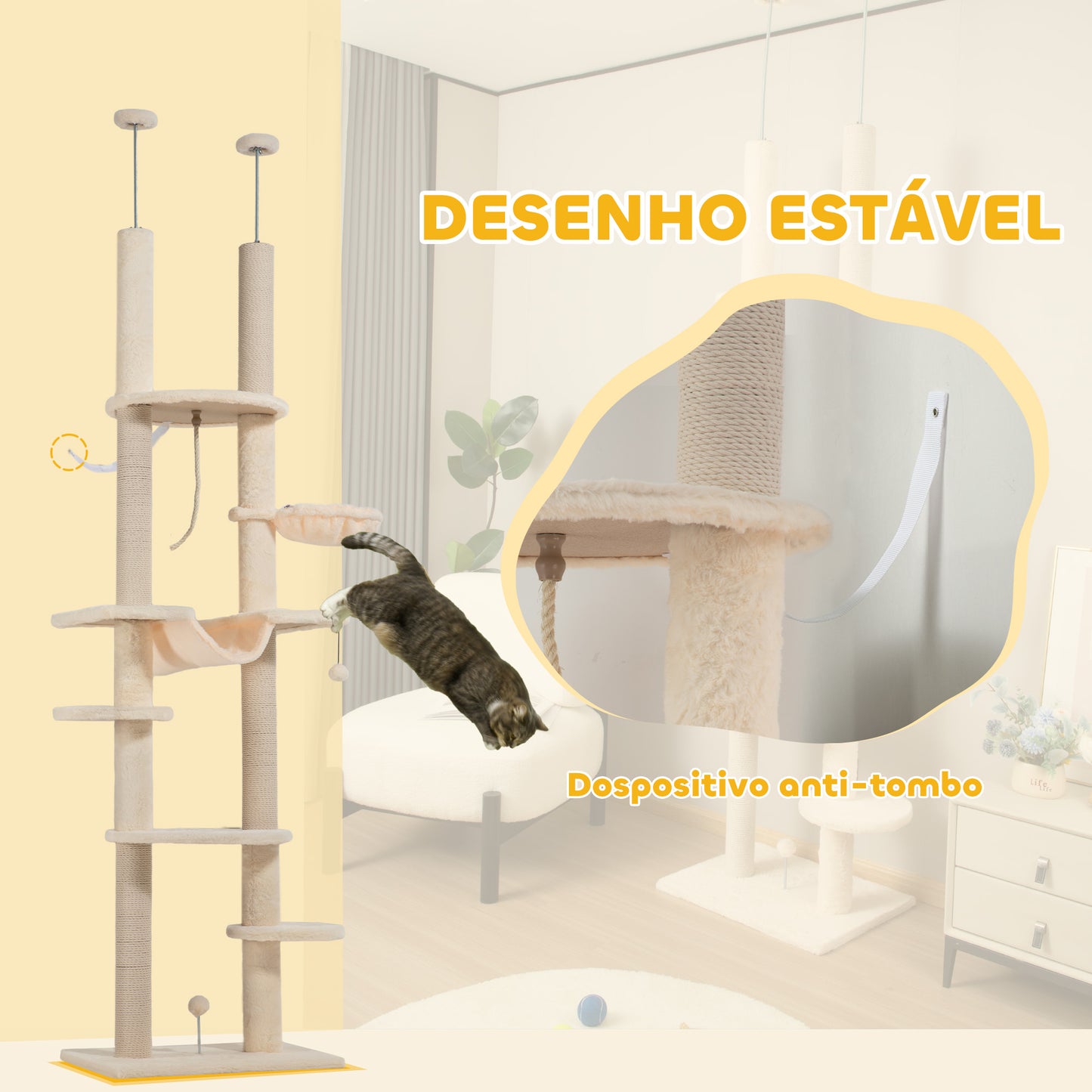 PawHut Arranhador para Gatos do Chão ao Teto 225-255 cm Arranhador para Gatos com 7 Níveis Rede Plataformas Postes de Arranhar Bola Suspensa Bege e Cinza