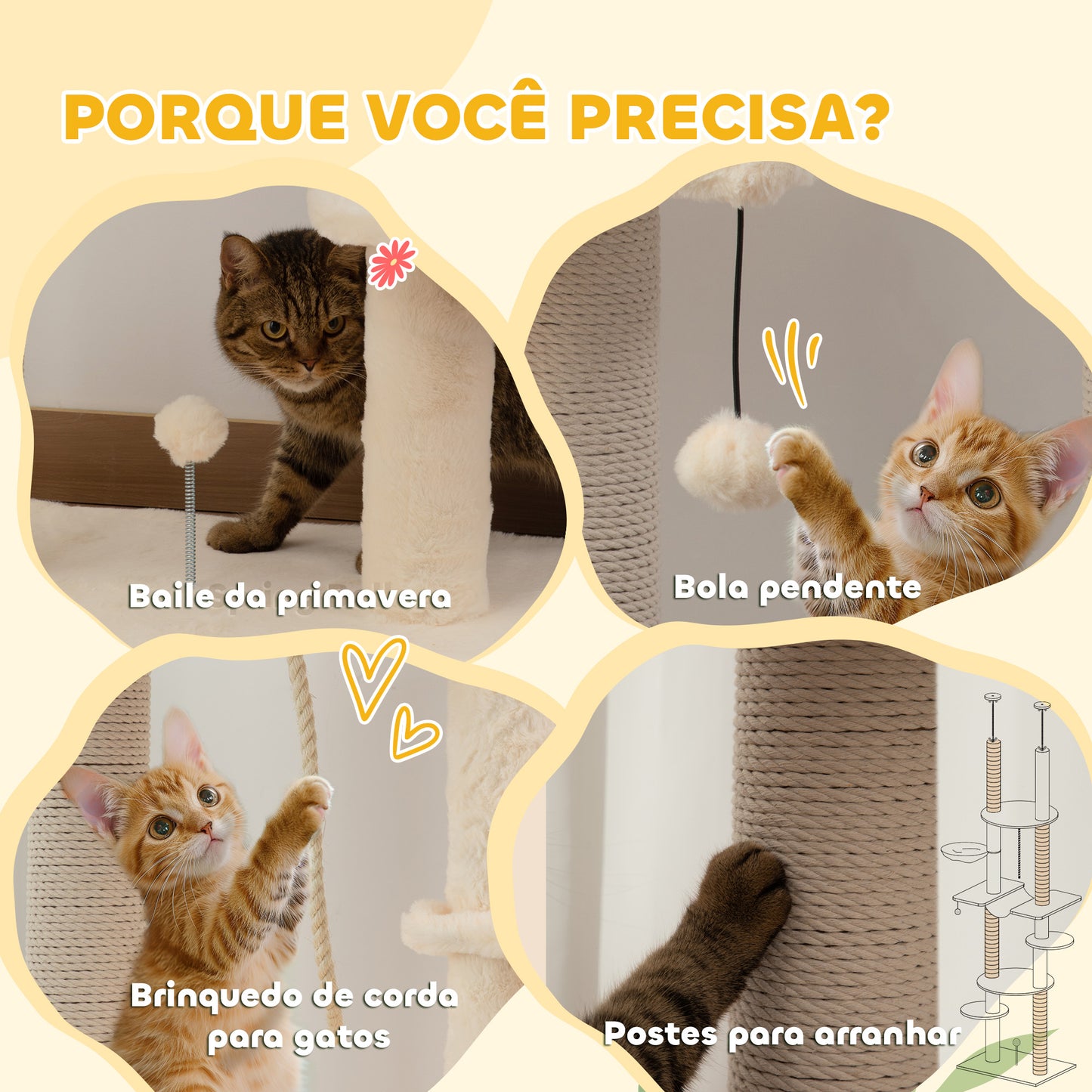 PawHut Arranhador para Gatos do Chão ao Teto 225-255 cm Arranhador para Gatos com 7 Níveis Rede Plataformas Postes de Arranhar Bola Suspensa Bege e Cinza