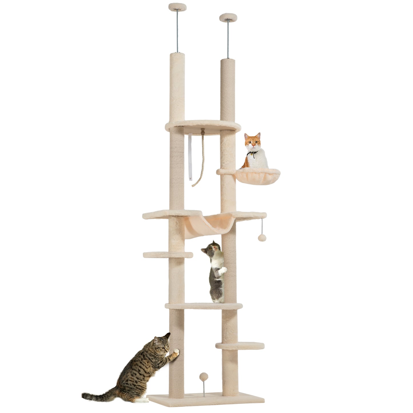 PawHut Arranhador para Gatos do Chão ao Teto 225-255 cm Arranhador para Gatos com 7 Níveis Rede Plataformas Postes de Arranhar Bola Suspensa Bege e Cinza