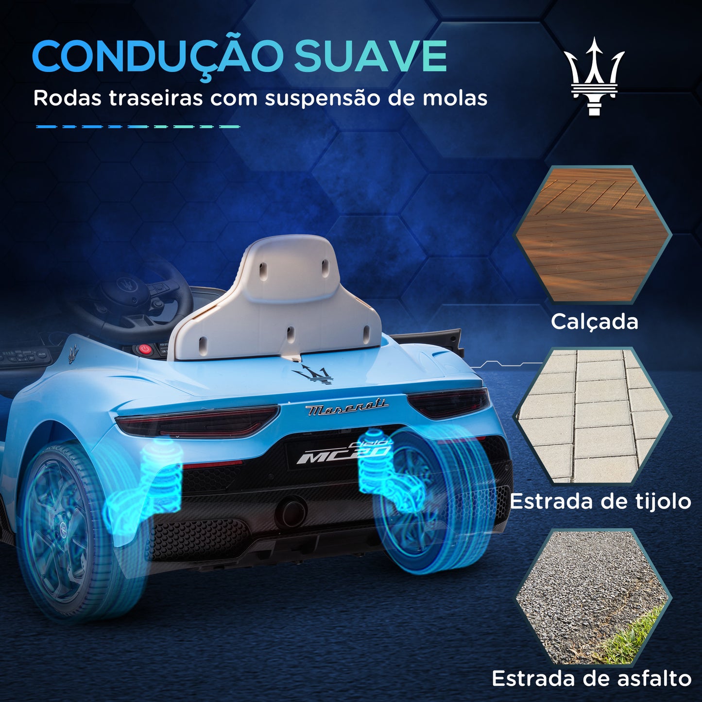 AIYAPLAY Carro Elétrico para Crianças acima de 3 Anos com Licença Maserati MC20 Carro Elétrico Infantil com Bateria 12V Controlo Remoto Farois Buzina e Música 105x65,5x42 cm Azul