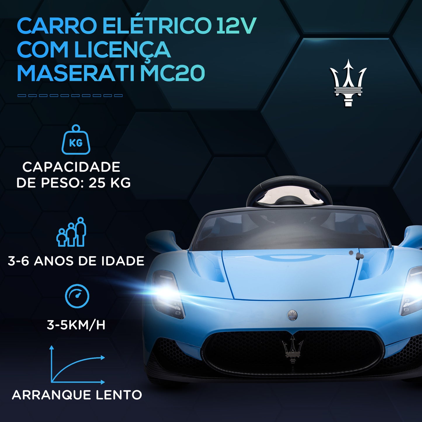 AIYAPLAY Carro Elétrico para Crianças acima de 3 Anos com Licença Maserati MC20 Carro Elétrico Infantil com Bateria 12V Controlo Remoto Farois Buzina e Música 105x65,5x42 cm Azul