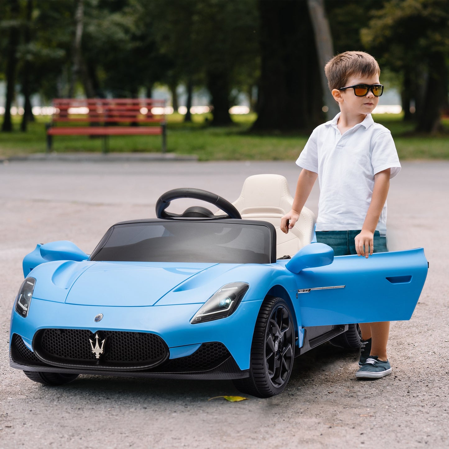 AIYAPLAY Carro Elétrico para Crianças acima de 3 Anos com Licença Maserati MC20 Carro Elétrico Infantil com Bateria 12V Controlo Remoto Farois Buzina e Música 105x65,5x42 cm Azul