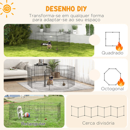 PawHut Parque para Cães 8 Painéis 61x61cm Dobráveis Gaiola Metálica para Animais de Estimação com Porta e Dupla Fechadura para Jardim Pátio Exterior Preto