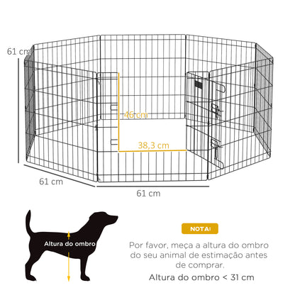 PawHut Parque para Cães 8 Painéis 61x61cm Dobráveis Gaiola Metálica para Animais de Estimação com Porta e Dupla Fechadura para Jardim Pátio Exterior Preto