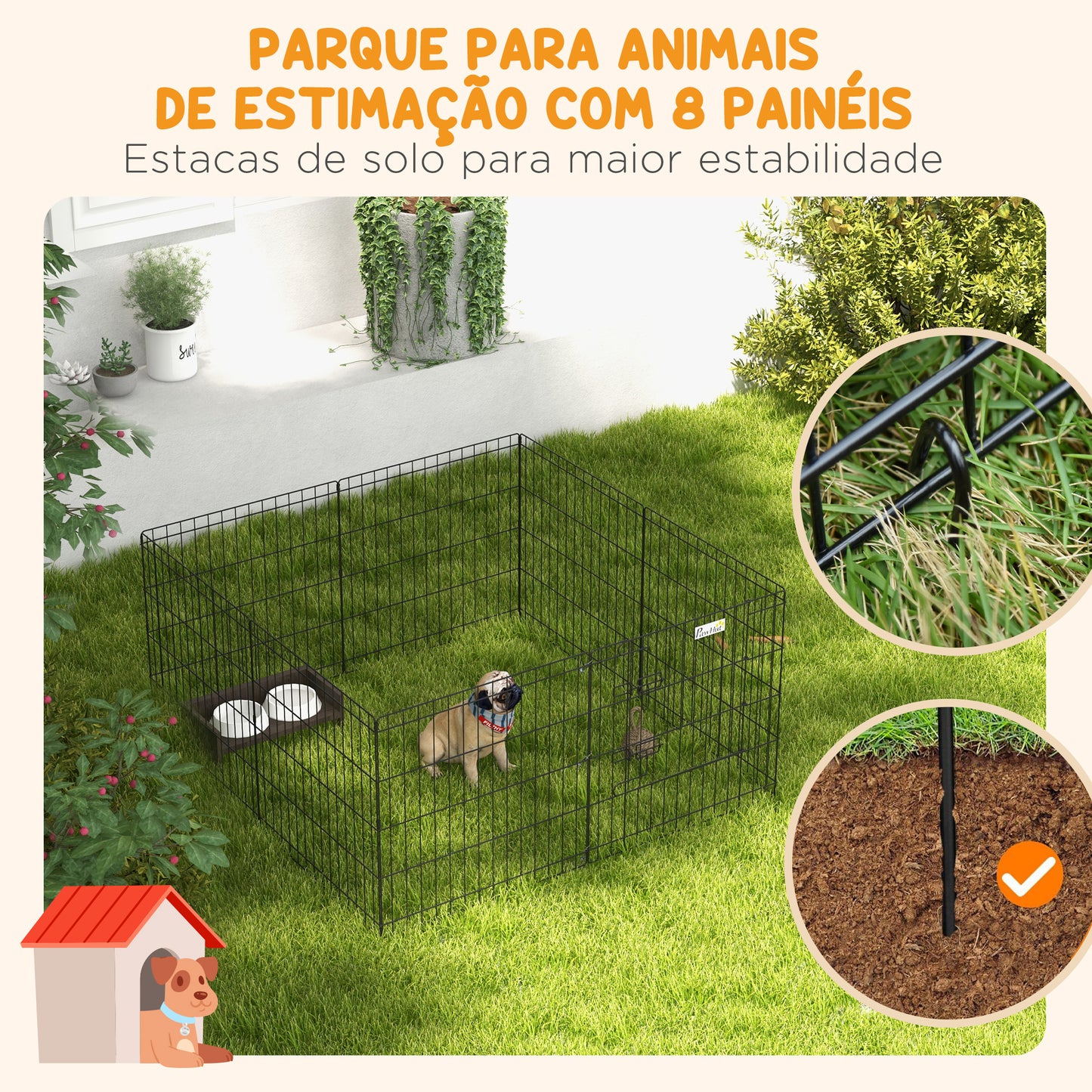 PawHut Parque para Cães 8 Painéis 61x61cm Dobráveis Gaiola Metálica para Animais de Estimação com Porta e Dupla Fechadura para Jardim Pátio Exterior Preto