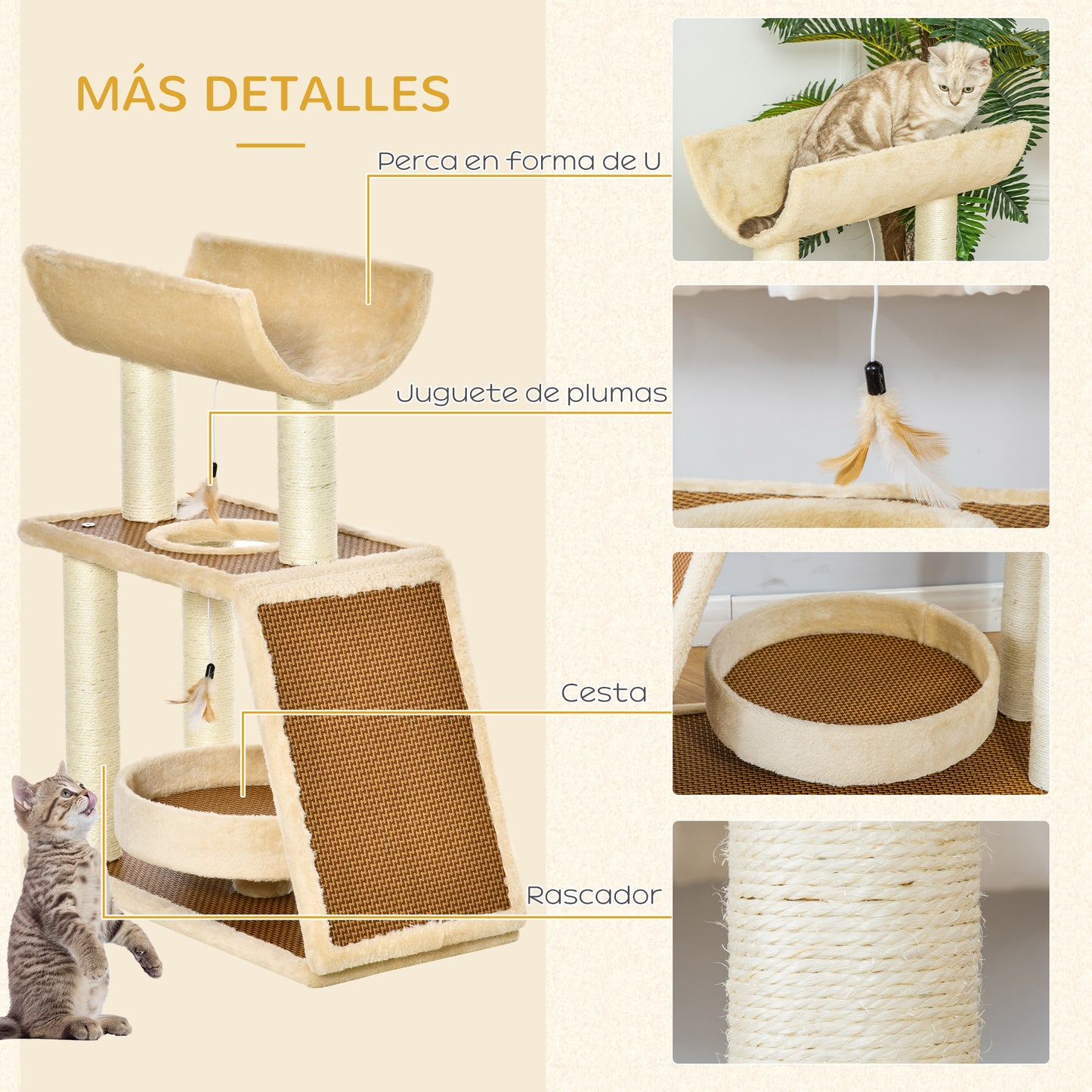 PawHut Árvore Arranhadora para Gatos 60x30x76cm com Cama de Linho Postes Arranhadores de Sisal Natural Plataforma Tipo Túnel Rampa e Brinquedos Suspensos Bege e Marrom