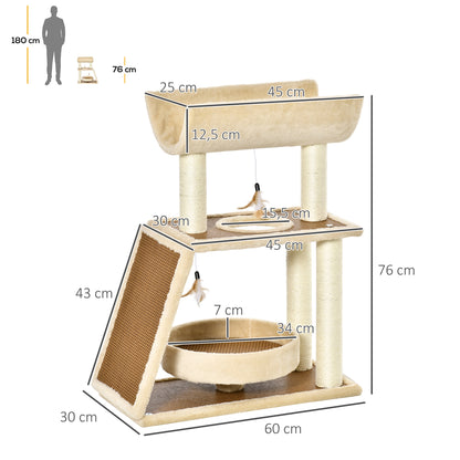 PawHut Árvore Arranhadora para Gatos 60x30x76cm com Cama de Linho Postes Arranhadores de Sisal Natural Plataforma Tipo Túnel Rampa e Brinquedos Suspensos Bege e Marrom