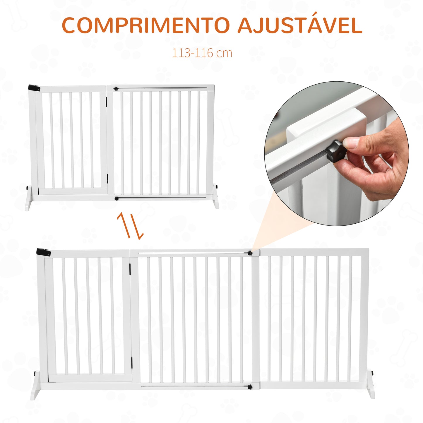 PawHut Barreira de Segurança Extensível para Cães Grade de Proteção para Escadas e Portas 113-166cm 3 Peças com Estrutura de Madeira e Suporte de Pé 113-166x36x71cm Branco