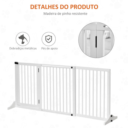 PawHut Barreira de Segurança Extensível para Cães Grade de Proteção para Escadas e Portas 113-166cm 3 Peças com Estrutura de Madeira e Suporte de Pé 113-166x36x71cm Branco