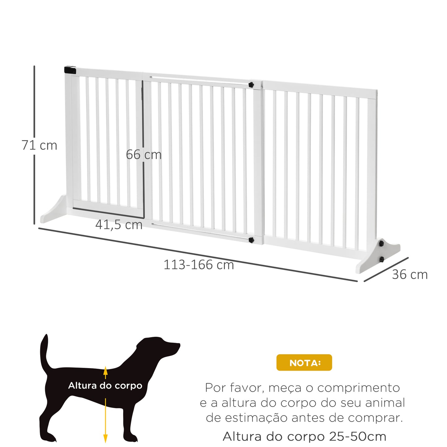 PawHut Barreira de Segurança Extensível para Cães Grade de Proteção para Escadas e Portas 113-166cm 3 Peças com Estrutura de Madeira e Suporte de Pé 113-166x36x71cm Branco