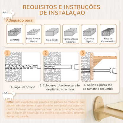 PawHut Prateleiras de Parede para Gatos 3 Peças Conjunto de Prateleiras de Escalada para Gatos com Caverna Rede Plataforma e Poste de Sisal Carvalho