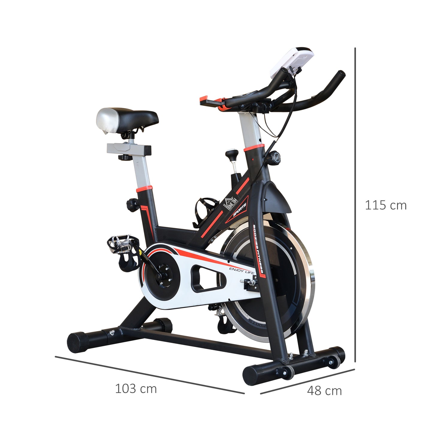 HOMCOM Bicicleta Estática com Resistência Ajustável Bicicleta Fitness com Volante de Inércia de 8kg Ecrã LCD Assento e Guiador Ajustáveis Suporte para Tablet 103x48x115cm Preto