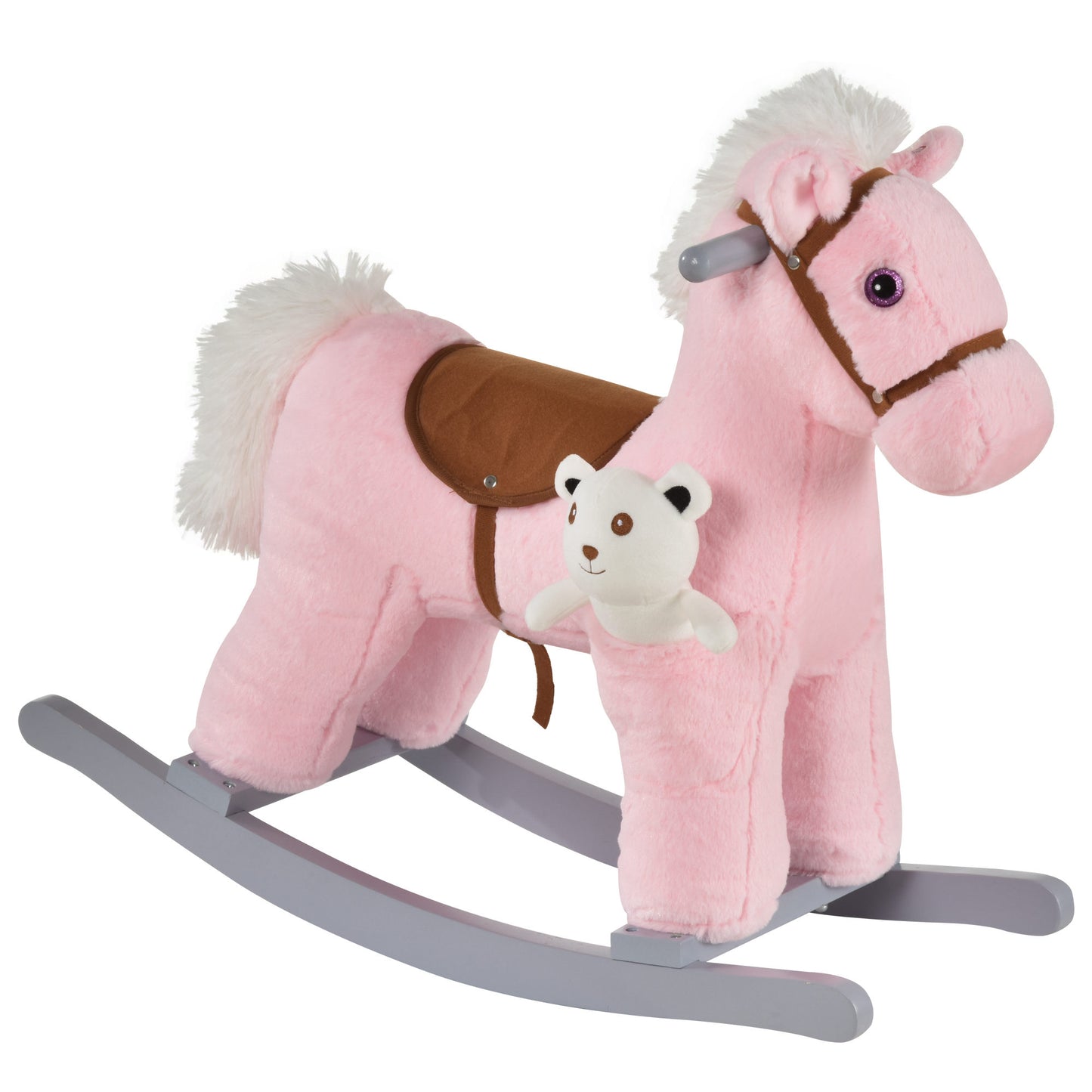 HOMCOM Cavalo Baloiço para Crianças de 18-36 Meses Cavalo de Balançar com Ursinho de Pelúcia Sons de Relinchos e Galopes base de Madeira 65x26x55cm Rosa