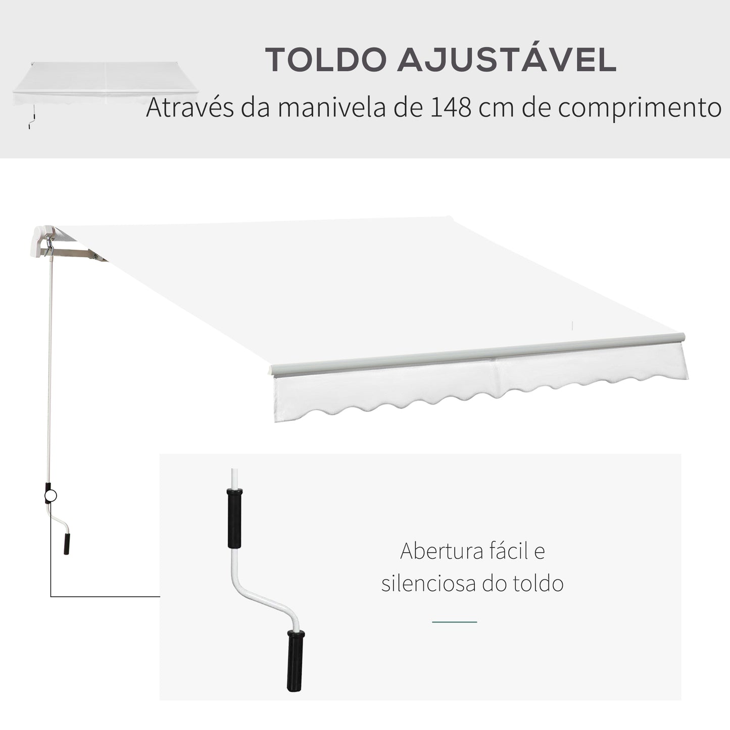 Outsunny Toldo Manual 3,5x2,5 m de Alumínio Toldo de Varanda Pátio com Manivela Resistente a Água Proteção Solar UV para Jardim Exterior Branco