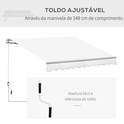 Outsunny Toldo Manual 3,5x2,5 m de Alumínio Toldo de Varanda Pátio com Manivela Resistente a Água Proteção Solar UV para Jardim Exterior Branco