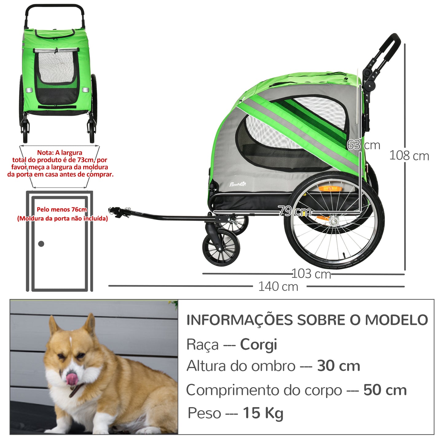 PawHut Reboque de Bicicleta para Cães 2 em 1 Transporte para Animais de Estimação com Porta Enrolável Janelas Cinto de Segurança Bandeira e 6 Refletores 134x73x108cm Verde