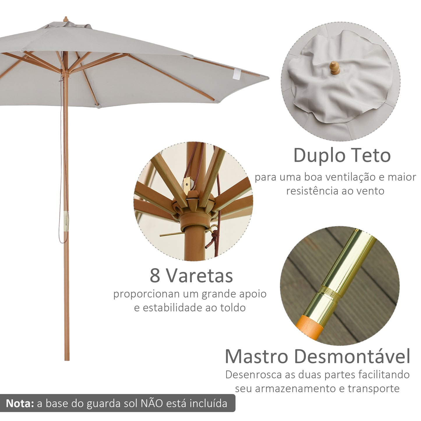 Outsunny Chapéu de Sol de Jardim Ø300x250cm com Sistema de Polia Teto Ventilado e Mastro Desmontável de Madeira para Terraço Pátio Exterior Cinza Claro