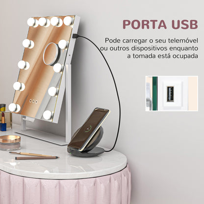 Espelho de Maquilhagem Estilo Hollywood com Luzes Espelho de Toucador Giratório 30x40 cm com 12 Lâmpadas LED 3 Modos de Iluminação Ajustáveis Interruptor Tátil Suporte para Telemóvel e Entrada USB Branco