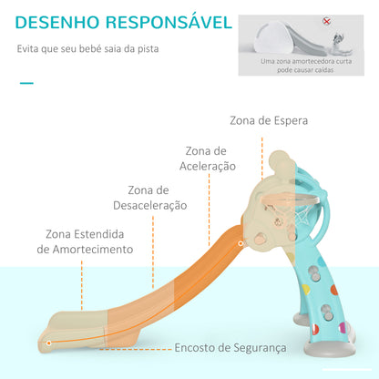 HOMCOM Escorrega Infantil Dobrável com Cesta de Basquetebol para Crianças acima de 18 meses Modelo Girafa para Interiores e Exteriores 140x87x75cm Azul e Cinza