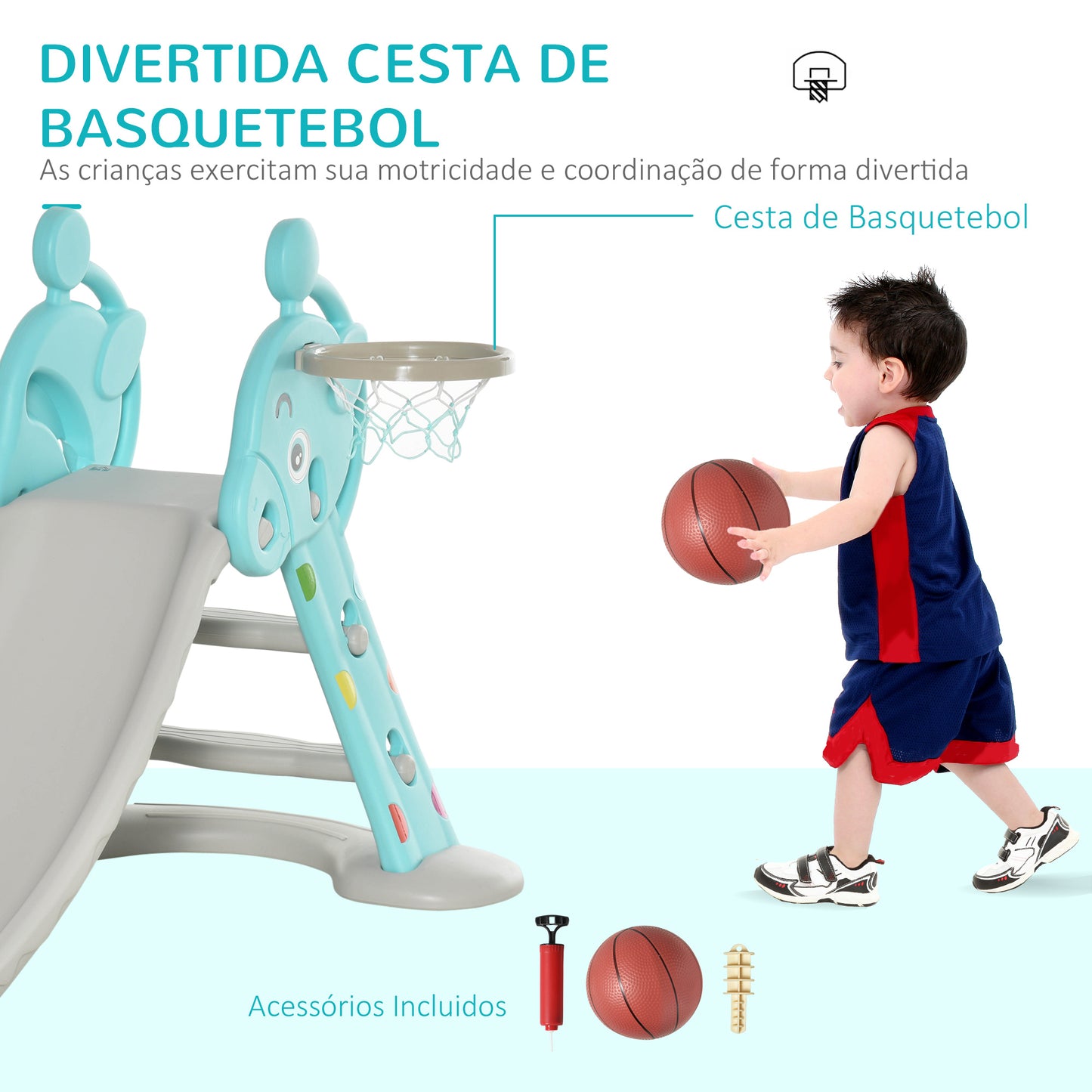 HOMCOM Escorrega Infantil Dobrável com Cesta de Basquetebol para Crianças acima de 18 meses Modelo Girafa para Interiores e Exteriores 140x87x75cm Azul e Cinza