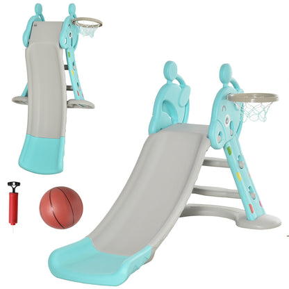 HOMCOM Escorrega Infantil Dobrável com Cesta de Basquetebol para Crianças acima de 18 meses Modelo Girafa para Interiores e Exteriores 140x87x75cm Azul e Cinza