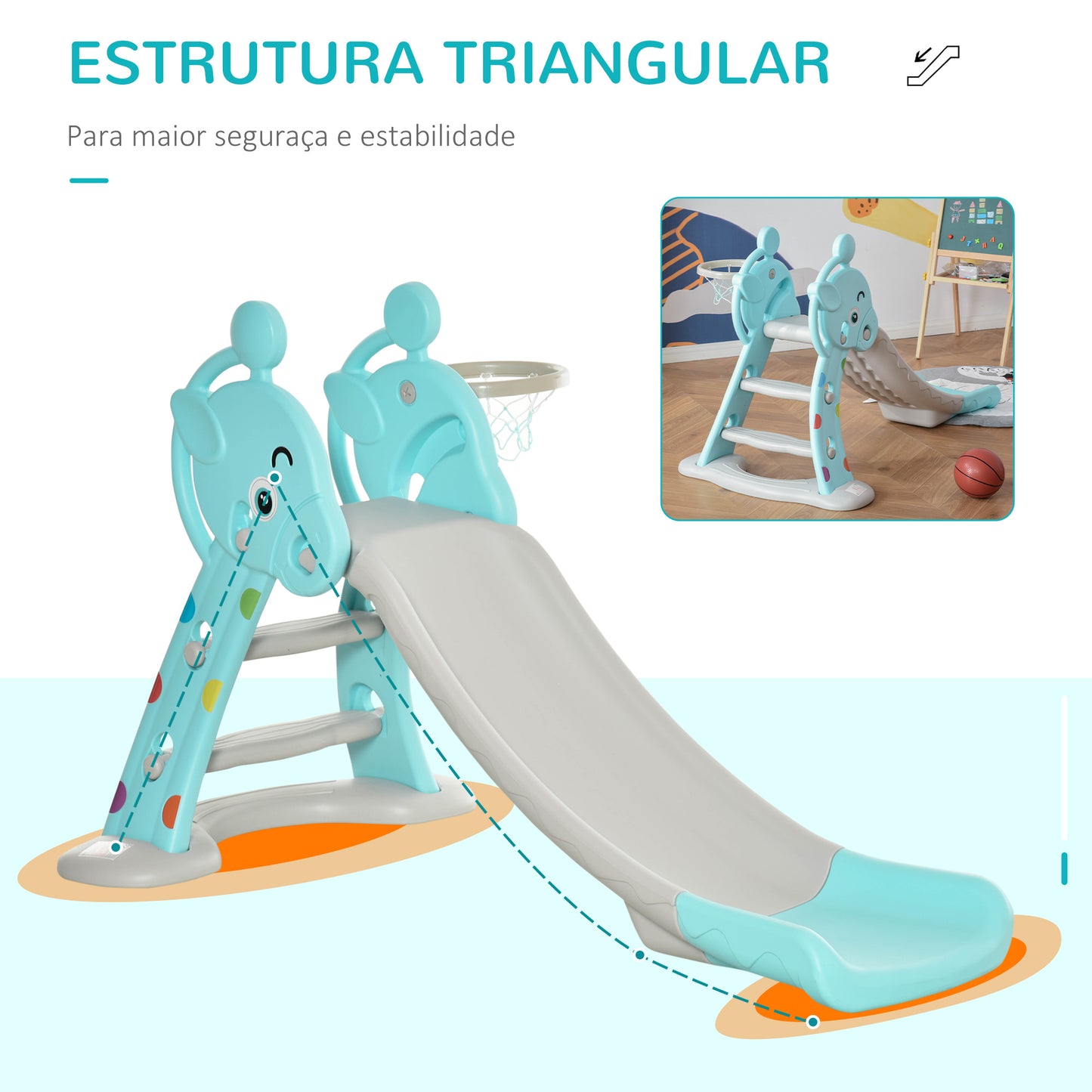 HOMCOM Escorrega Infantil Dobrável com Cesta de Basquetebol para Crianças acima de 18 meses Modelo Girafa para Interiores e Exteriores 140x87x75cm Azul e Cinza