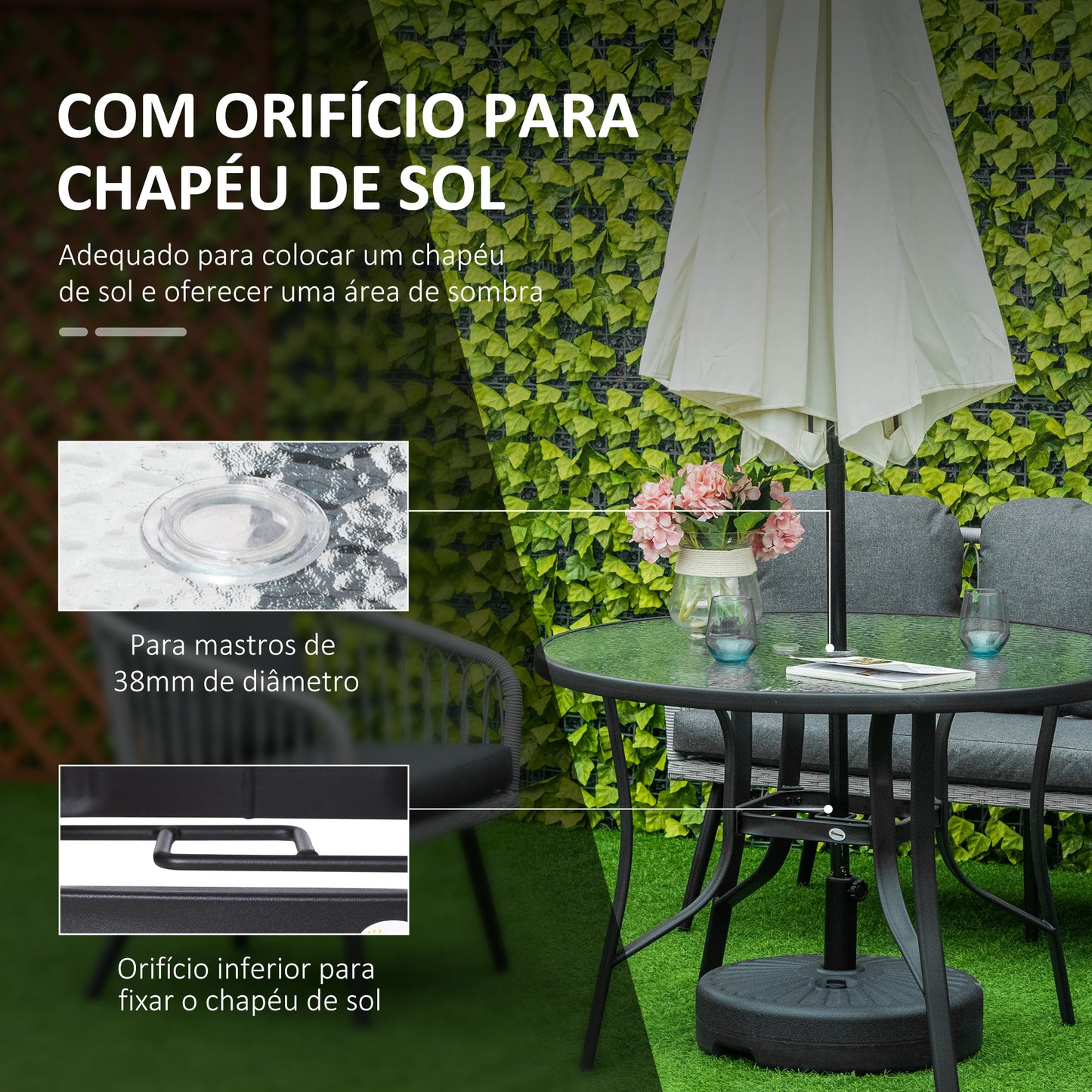 Outsunny Mesa de Cristal de Jardim com Orifício para Chapéu de Sol Mesa Redonda de Exterior Terraço Varanda com Estrutura de Aço Ø106,5x71cm Transparente e Preto