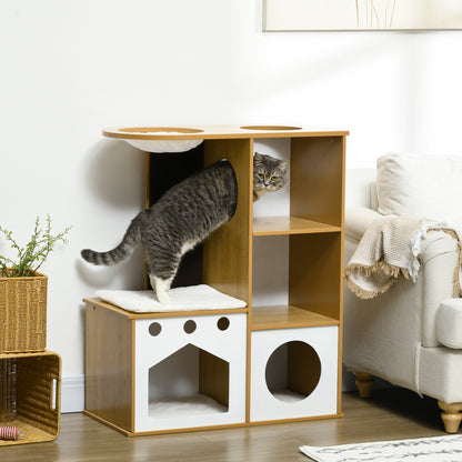 PawHut Casa para Gatos de Madeira 92,5cm Torre para Gatos com 2 Cavernas Arranhador Rede e Almofadas de Pélucia 76x37x92,5 cm Carvalho e Branco