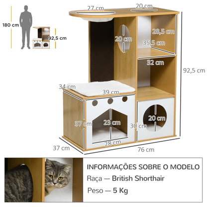 PawHut Casa para Gatos de Madeira 92,5cm Torre para Gatos com 2 Cavernas Arranhador Rede e Almofadas de Pélucia 76x37x92,5 cm Carvalho e Branco