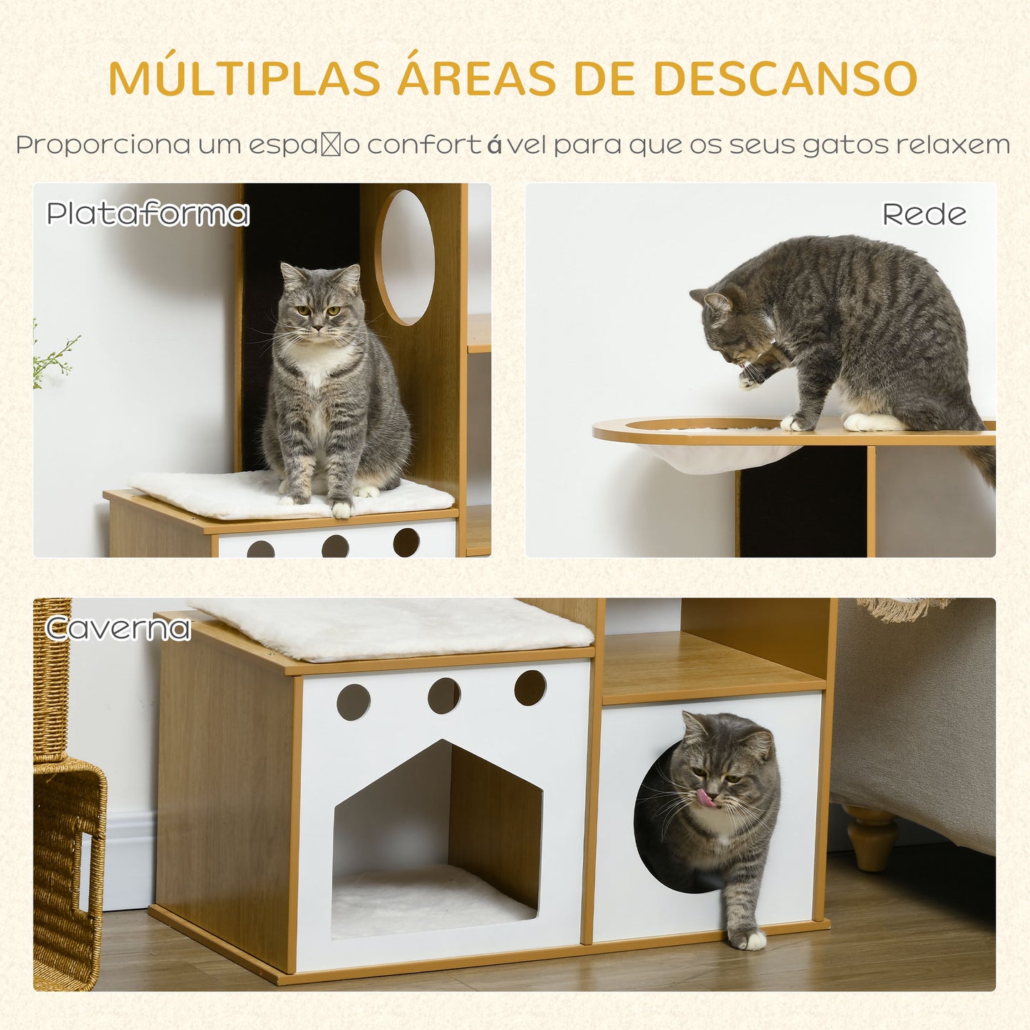 PawHut Casa para Gatos de Madeira 92,5cm Torre para Gatos com 2 Cavernas Arranhador Rede e Almofadas de Pélucia 76x37x92,5 cm Carvalho e Branco