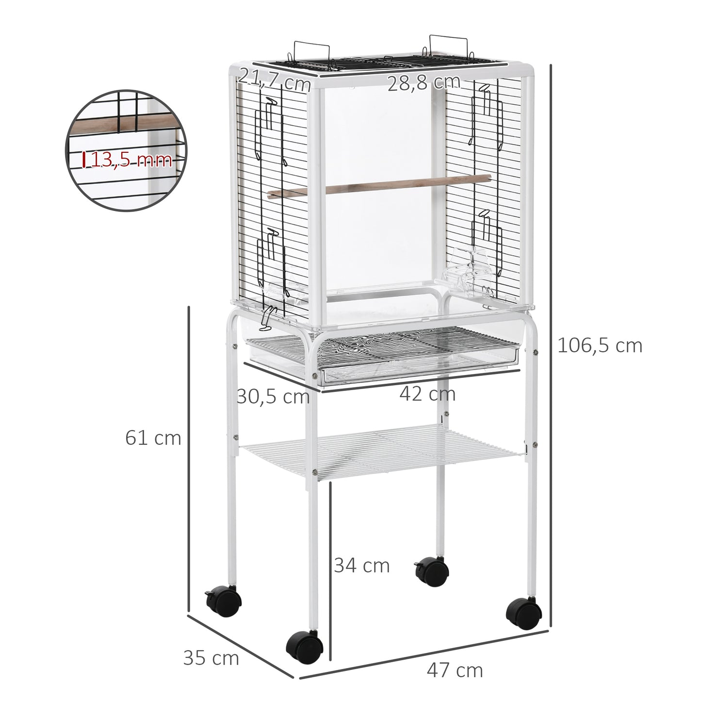 PawHut Gaiola para Passáros com Suporte Desmontável Gaiola com 4 Rodas Teto com Abertura 2 Comedouros 2 Poleiros Bandeja Removível 47x35x106,5cm Branco