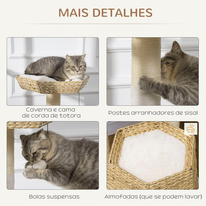 PawHut Árvore Arranhador para Gatos Médios Altura 119cm Torre para Gatos com Cama Superior Almofadas 2 Plataformas Poste de Sisal Caverna e Bolas Suspensas 50x50x119cm Bege e Creme