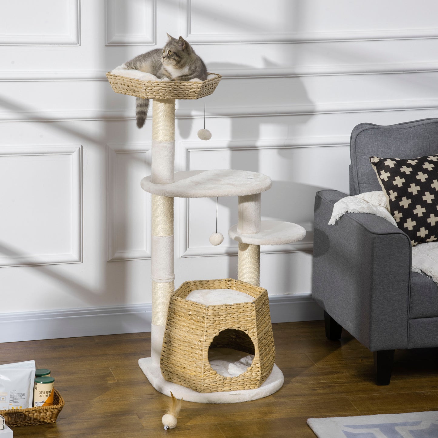 PawHut Árvore Arranhador para Gatos Médios Altura 119cm Torre para Gatos com Cama Superior Almofadas 2 Plataformas Poste de Sisal Caverna e Bolas Suspensas 50x50x119cm Bege e Creme