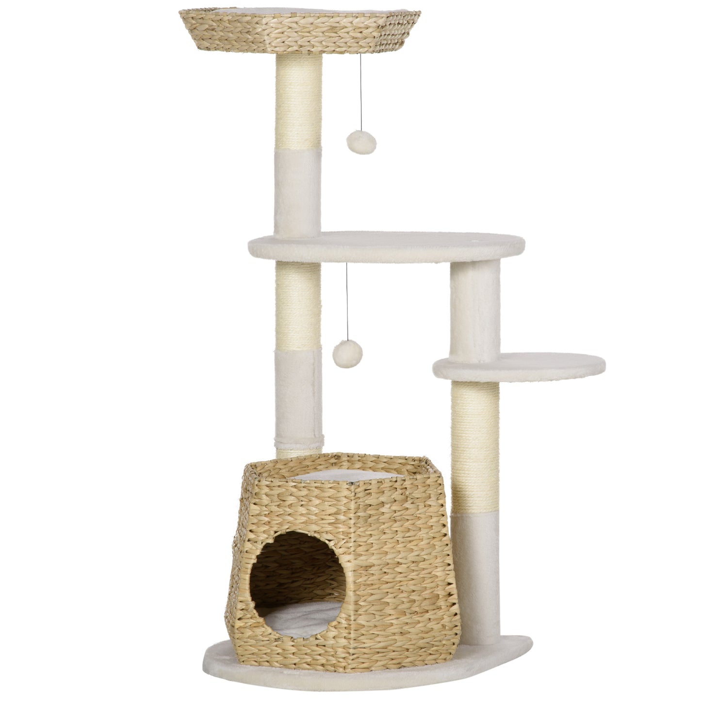 PawHut Árvore Arranhador para Gatos Médios Altura 119cm Torre para Gatos com Cama Superior Almofadas 2 Plataformas Poste de Sisal Caverna e Bolas Suspensas 50x50x119cm Bege e Creme