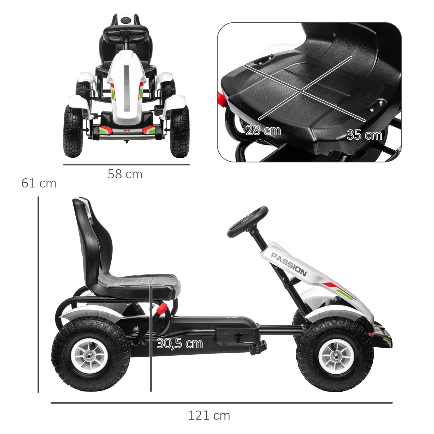 HOMCOM Kart a Pedais para Crianças Kart a Pedais Infantil com Assento Ajustável Pneus de Goma Travão de Mão para Crianças de 5-12 Anos Carga Máxima 50 kg 121x58x61 cm Branco