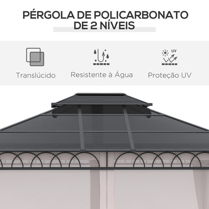 Outsunny Pérgola de Jardim 3,6x3m Pérgola de Exterior com Teto Duplo de Policarbonato 4 Cortinas Laterais Mosquiteiras com Zíper e Estrutura de Alumínio para Pátio Festas Preto Cinza e Cáqui